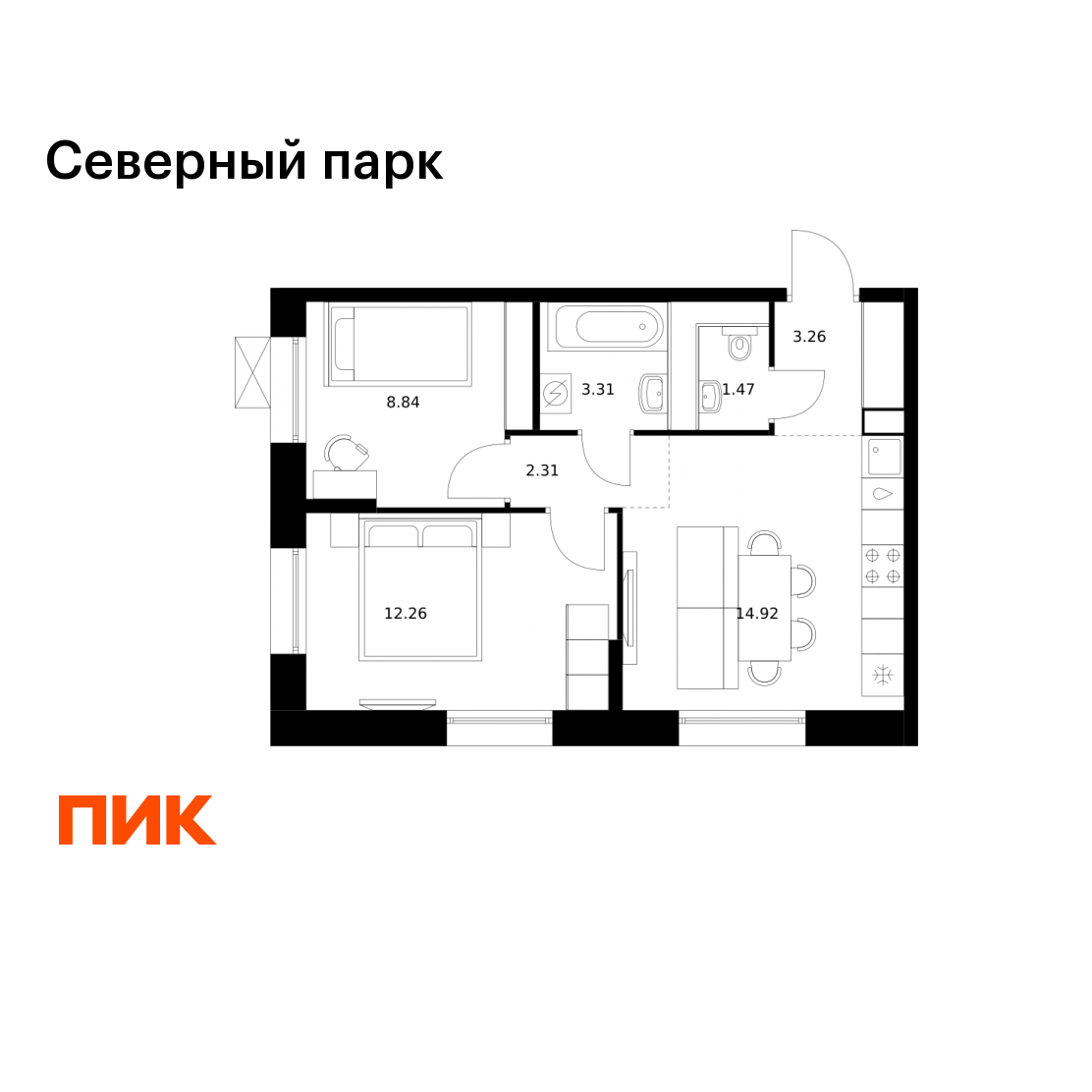 2-комнатная 46 м2 в ЖК Северный парк корпус null этаж 10