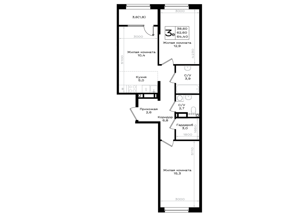 3-комнатная 64 м2 в ЖК Придонье корпус null этаж 6