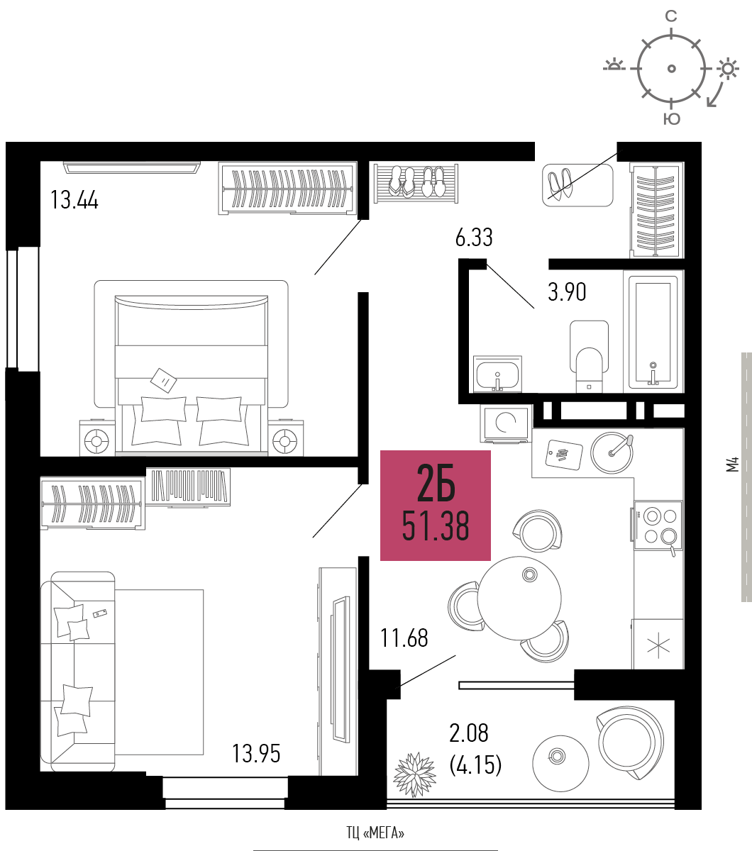2-комнатная 51 м2 в ЖК Столицыно корпус null этаж 3