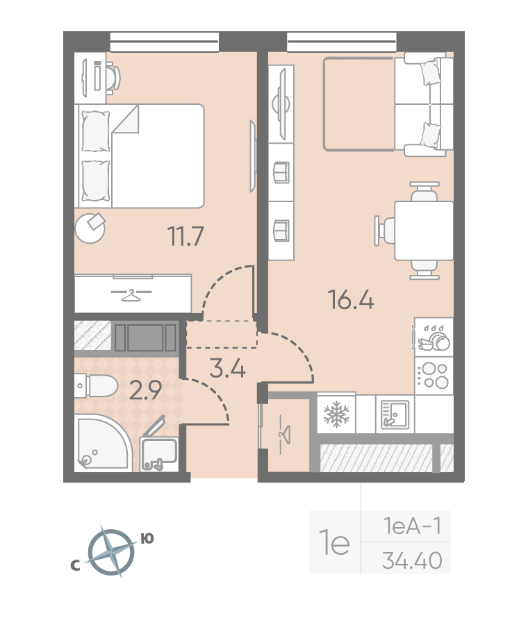 1-комнатная 34 м2 в ЖК Октябрьская набережная корпус null этаж 25