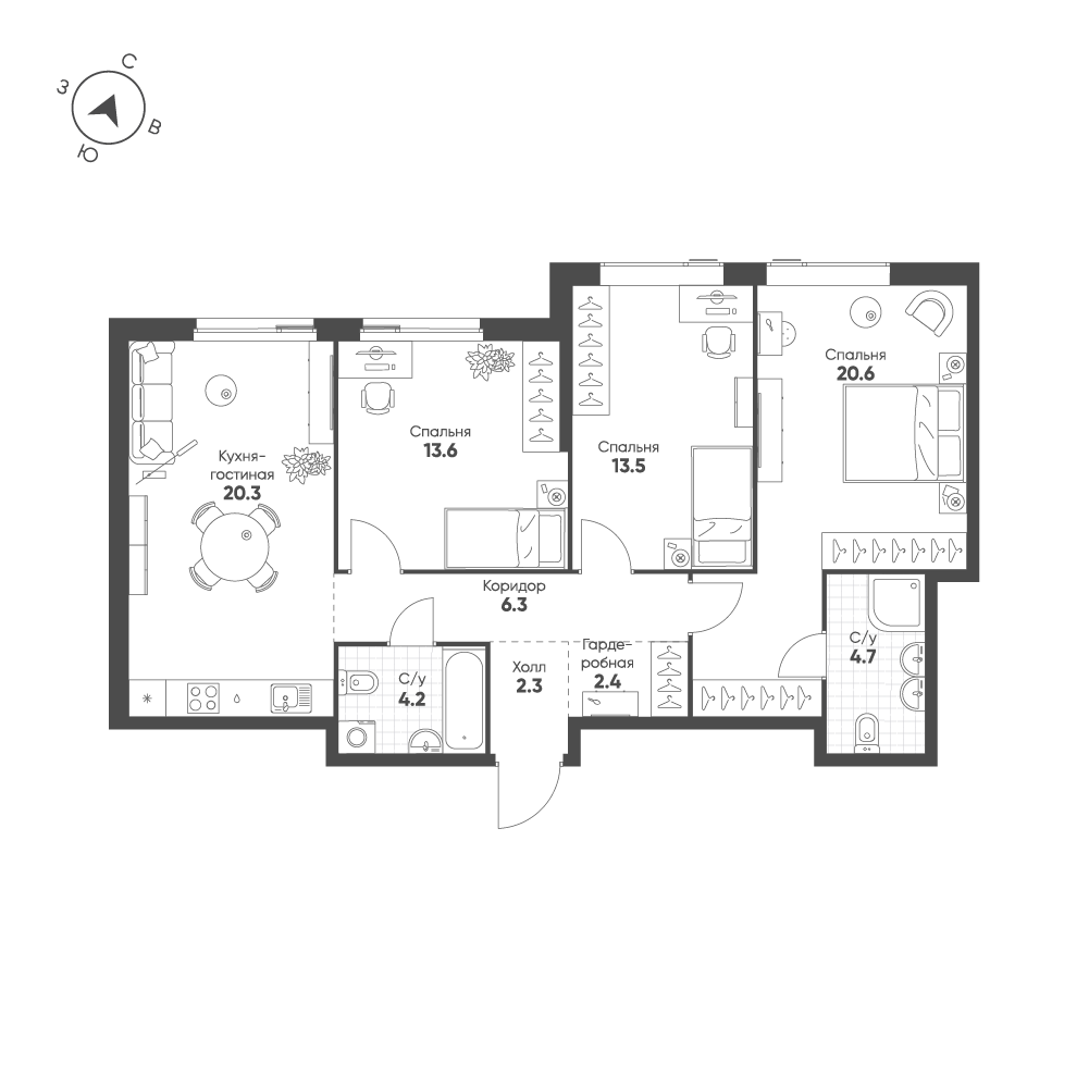 3-комнатная 87 м2 в ЖК Shagal корпус null этаж 2