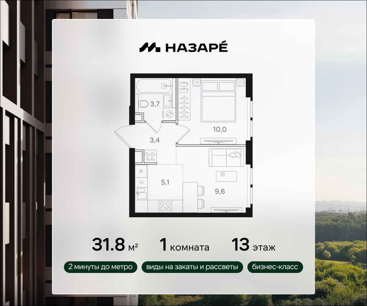 1-комнатная 31 м2 в ЖК НАЗАРÉ корпус null этаж 13