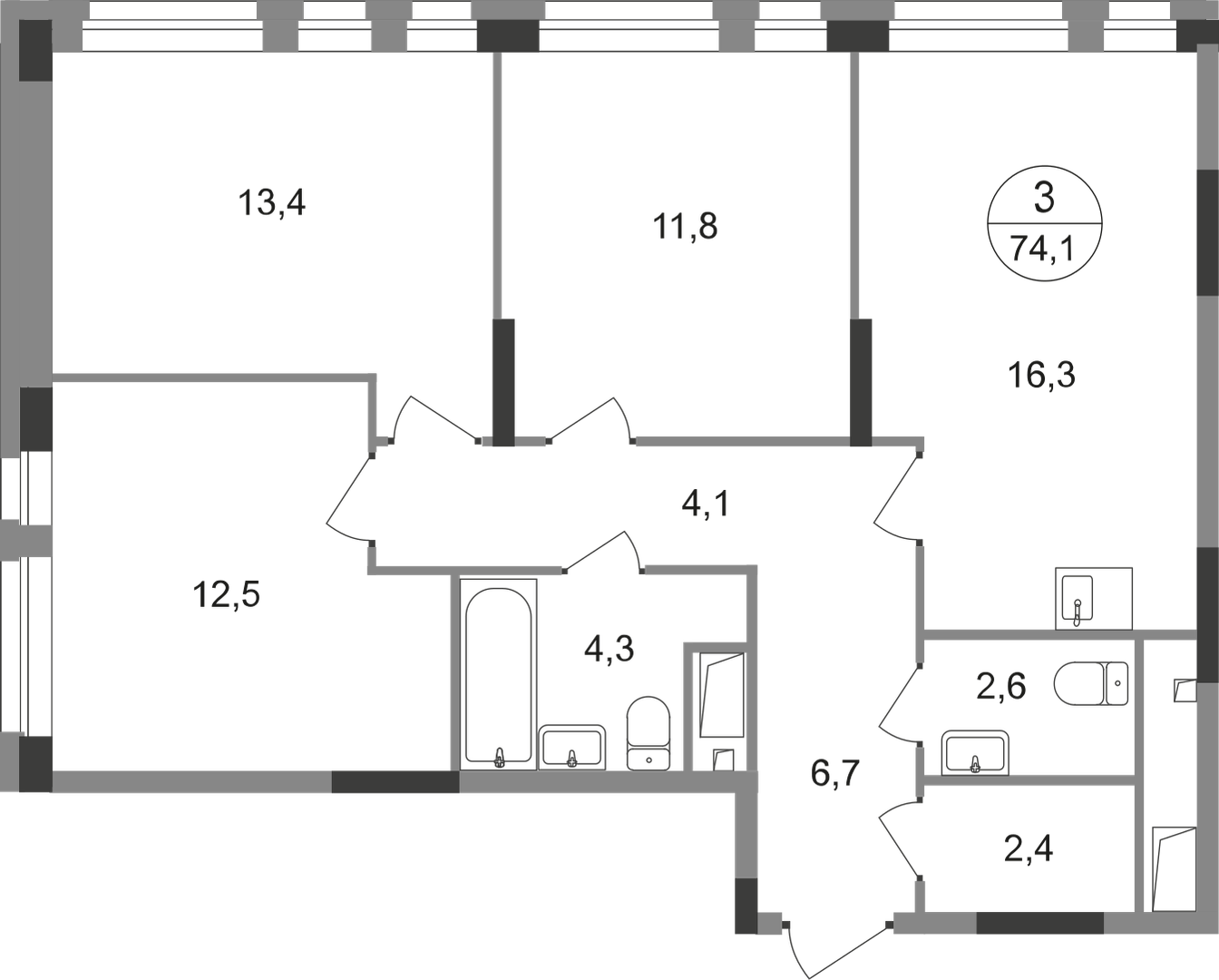 3-комнатная 74 м2 в ЖК Первый Московский корпус null этаж 6