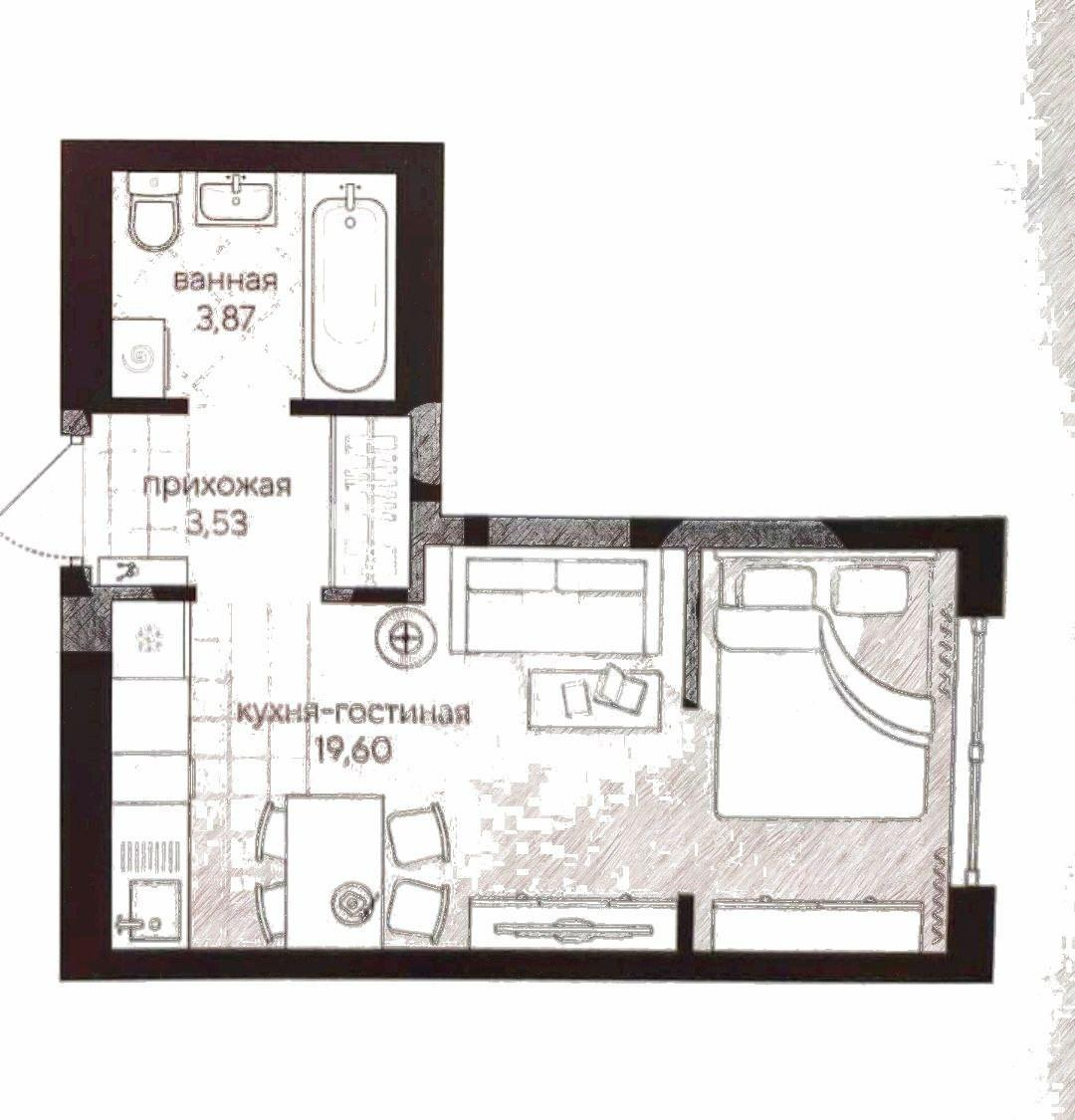 1-комнатная 28 м2 в ЖК undefined корпус null этаж 6