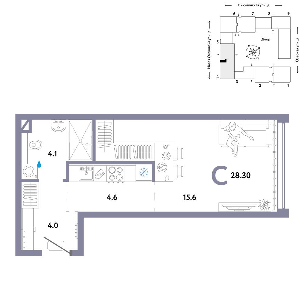 1-комнатная 28 м2 в ЖК Страна.Озёрная корпус null этаж 12
