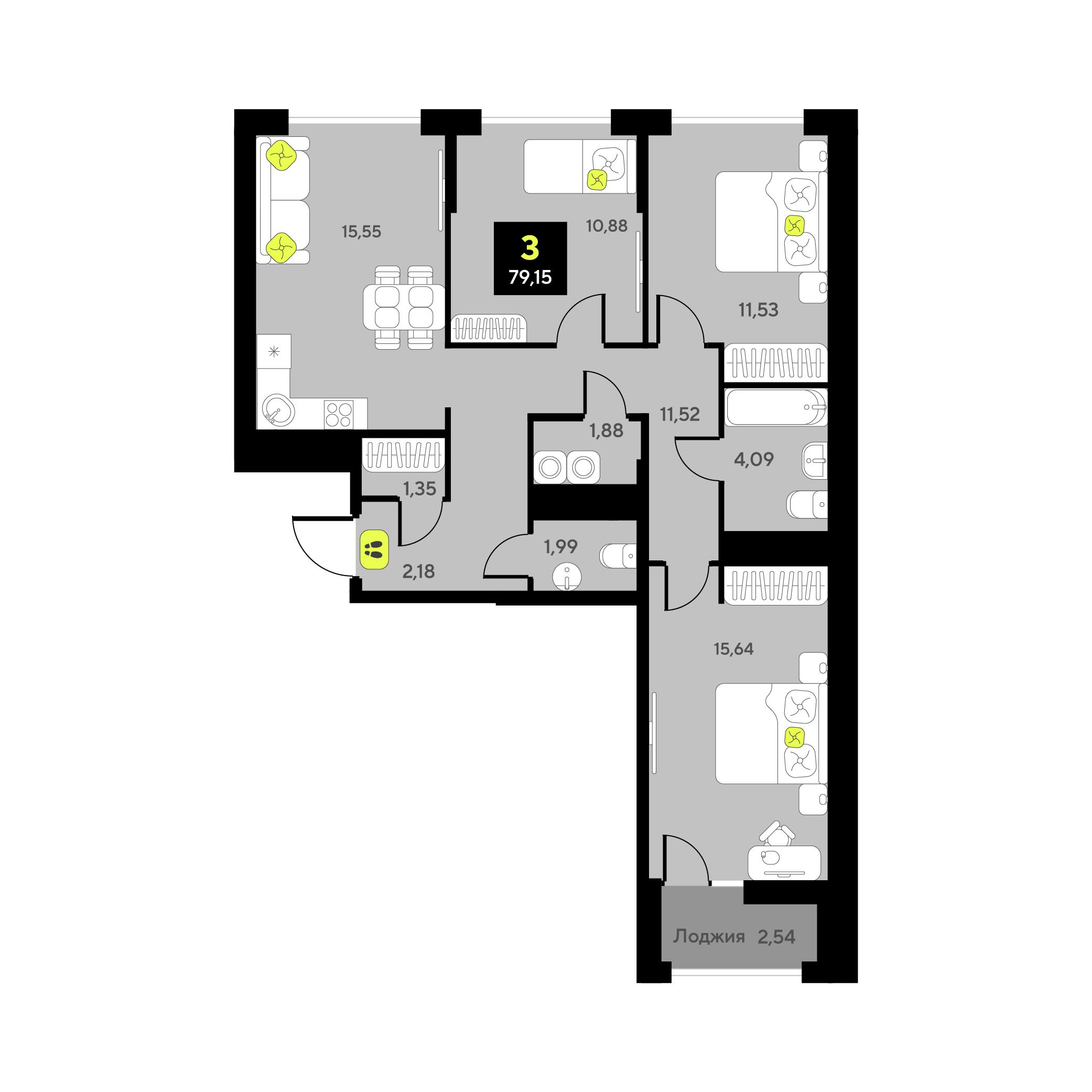3-комнатная 79 м2 в ЖК Мотивы корпус null этаж 8