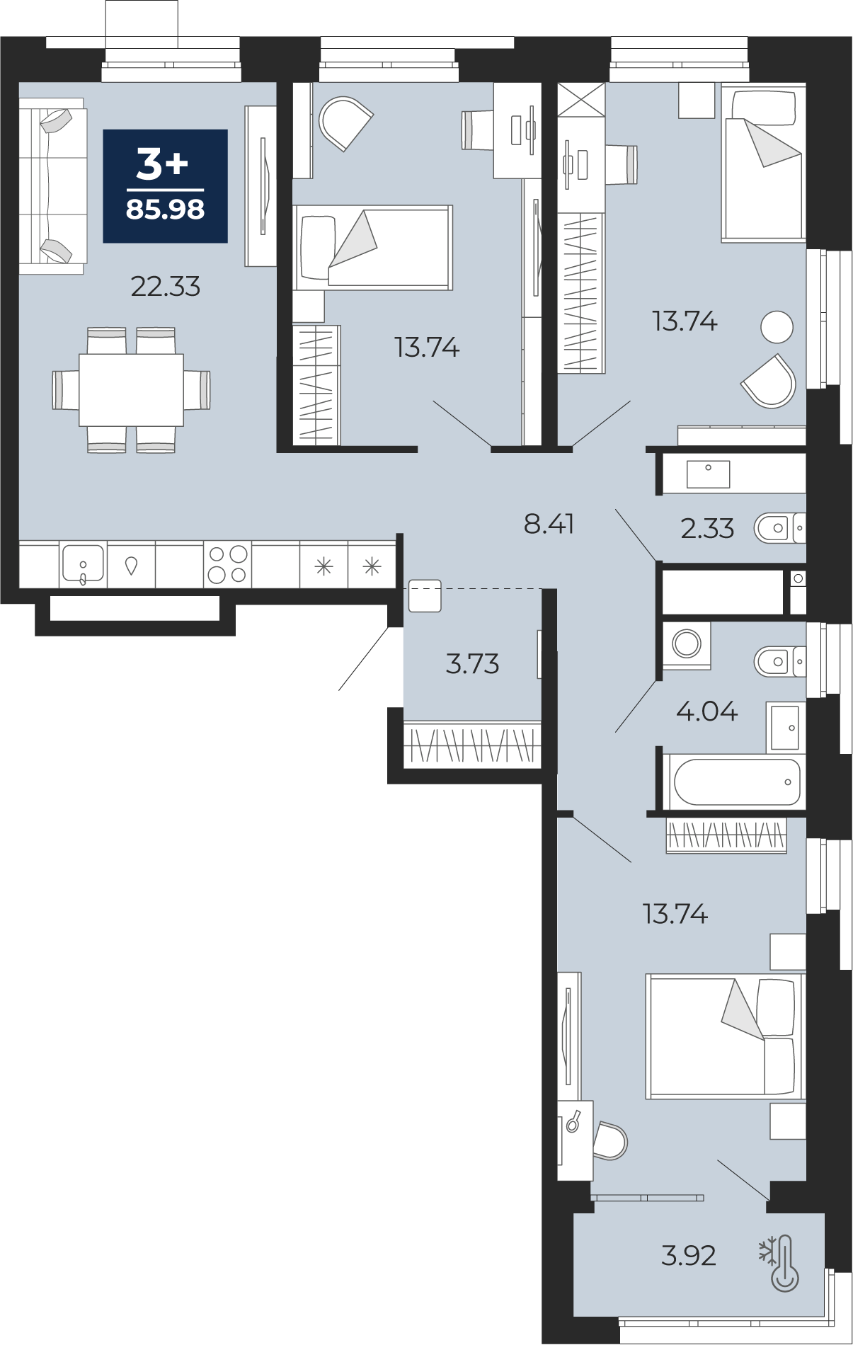 3-комнатная 82 м2 в ЖК Мириады корпус null этаж 11