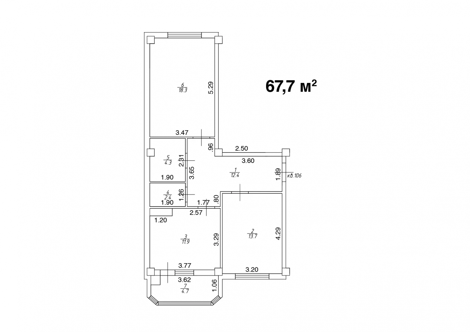 2-комнатная 67.7 м2 в ЖК undefined корпус null этаж 6