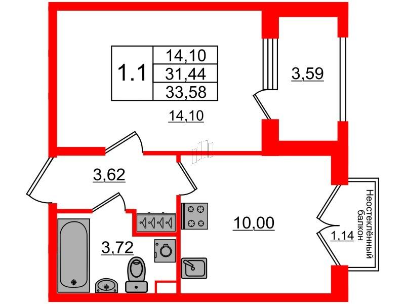 1-комнатная 31 м2 в ЖК Дворцовый фасад корпус null этаж 2
