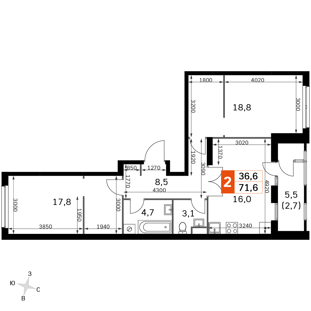 2-комнатная 71 м2 в ЖК Sky Garden корпус null этаж 8