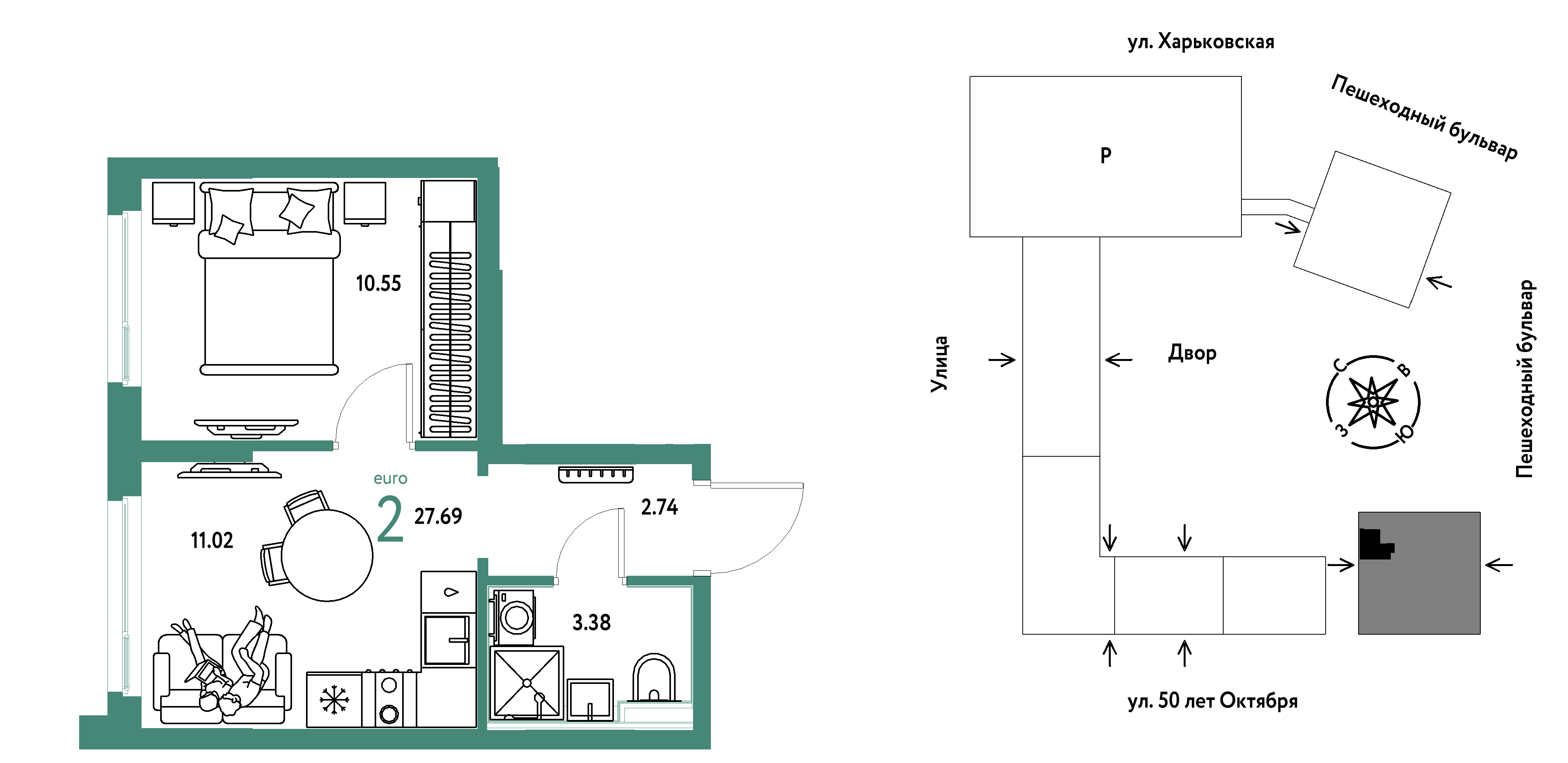 2-комнатная 27 м2 в ЖК Сердце Сибири корпус null этаж 19