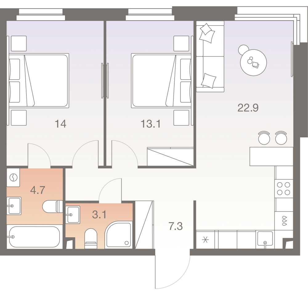 3-комнатная 65 м2 в ЖК Twelve корпус null этаж 5