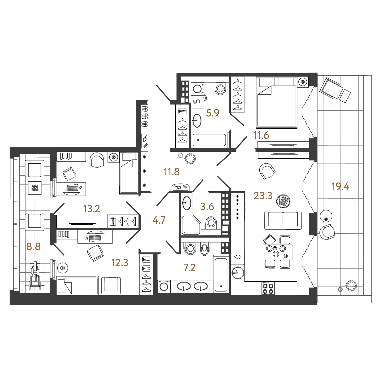 3-комнатная 93 м2 в ЖК Миръ корпус null этаж 8