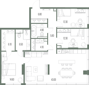 3-комнатная 116 м2 в ЖК Северный порт. Береговые кварталы корпус null этаж 43