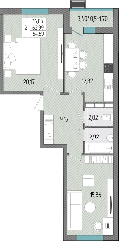 2-комнатная 64 м2 в ЖК Сады у моря корпус null этаж 6
