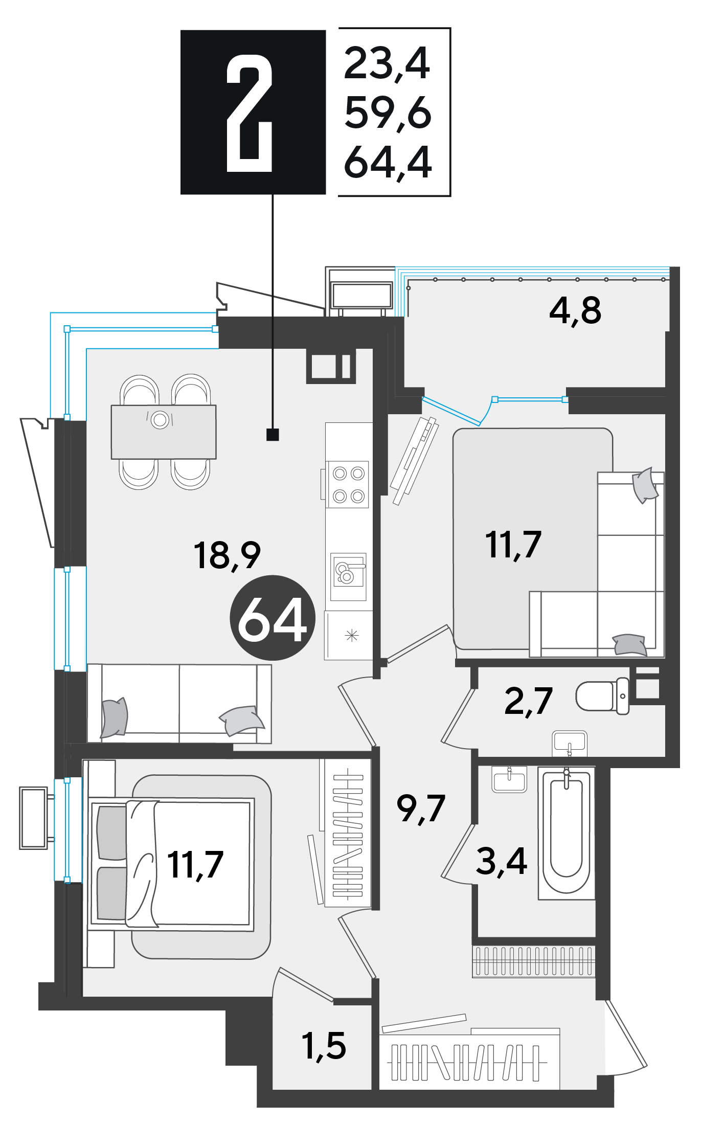 2-комнатная 64 м2 в ЖК Парк Победы 2 корпус null этаж 9