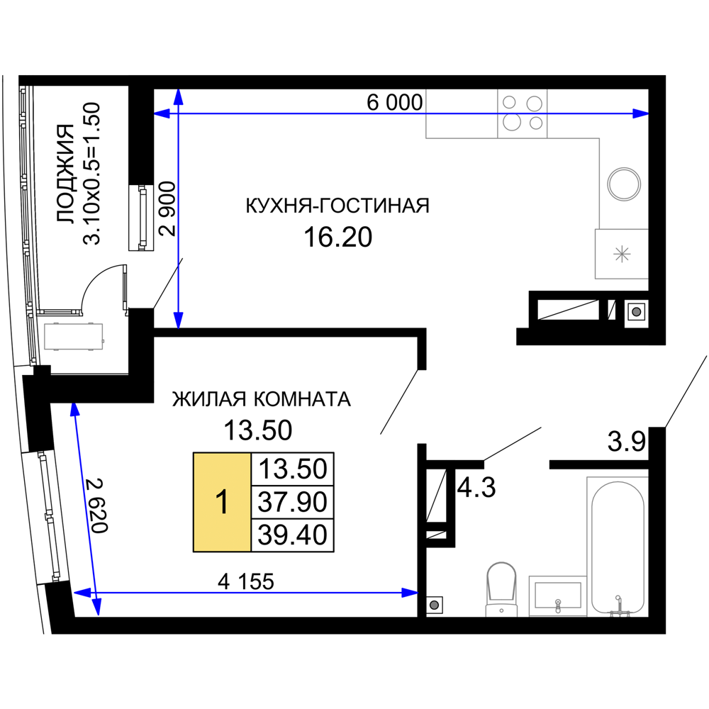 1-комнатная 39 м2 в ЖК Фонтаны корпус null этаж 11