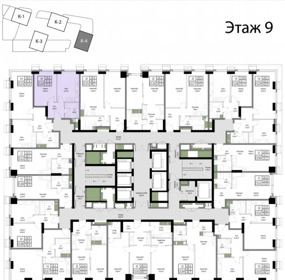1-комнатная 37.8 м2 в ЖК undefined корпус null этаж 9