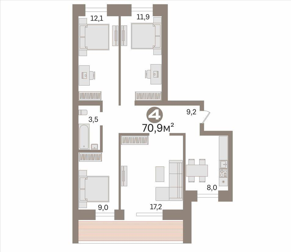 4-комнатная 70.9 м2 в ЖК undefined корпус null этаж 5
