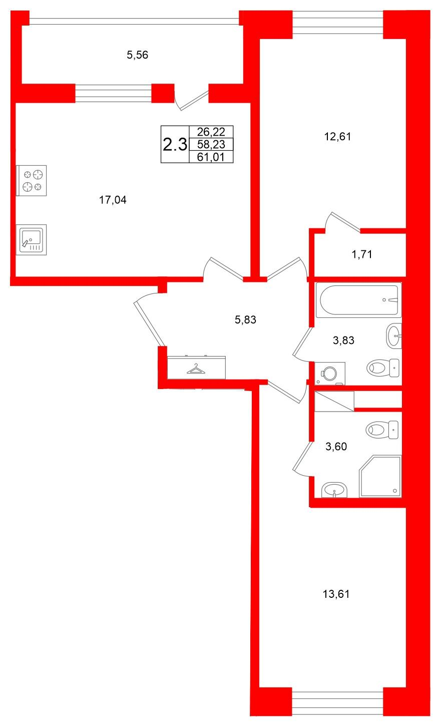 2-комнатная 58 м2 в ЖК Титул в Московском корпус null этаж 4
