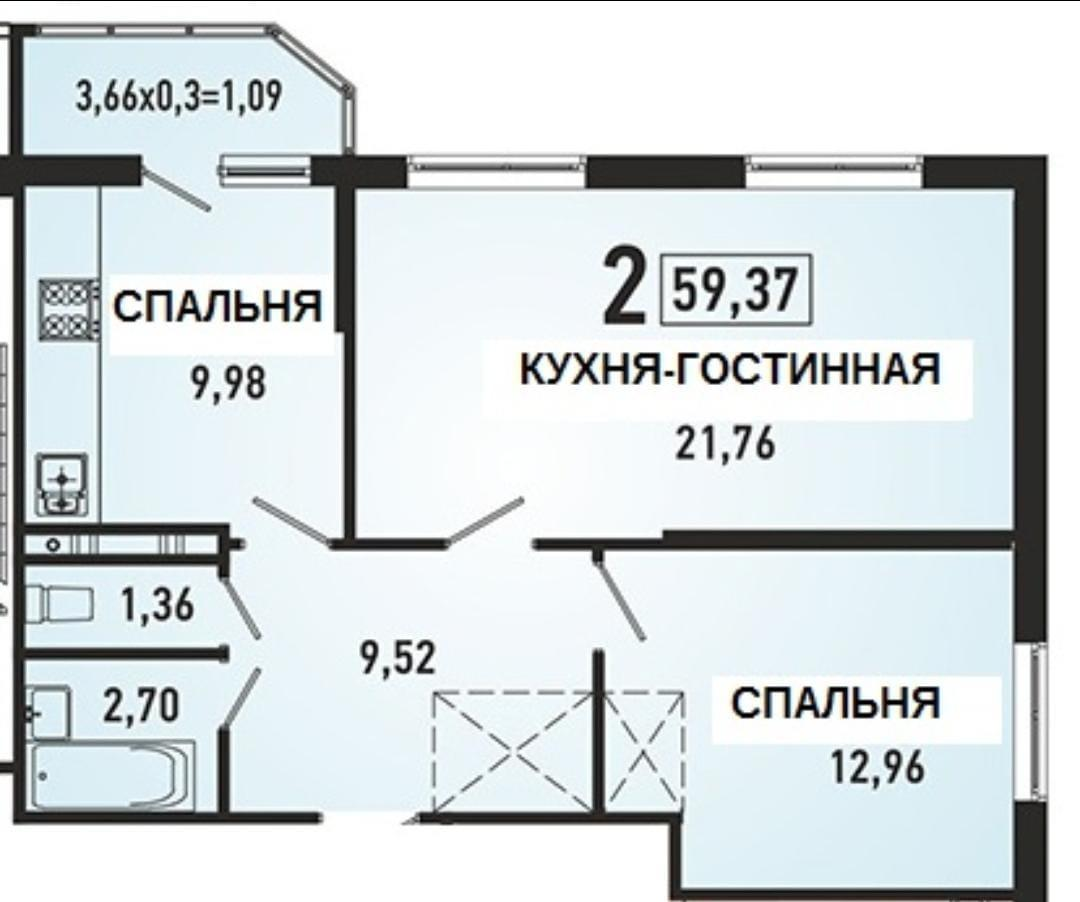 2-комнатная 60 м2 в ЖК undefined корпус null этаж 8