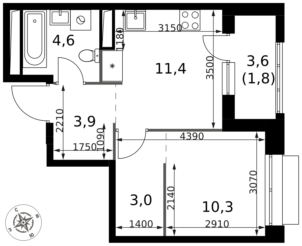 1-комнатная 35 м2 в ЖК 1-й Саларьевский корпус null этаж 4
