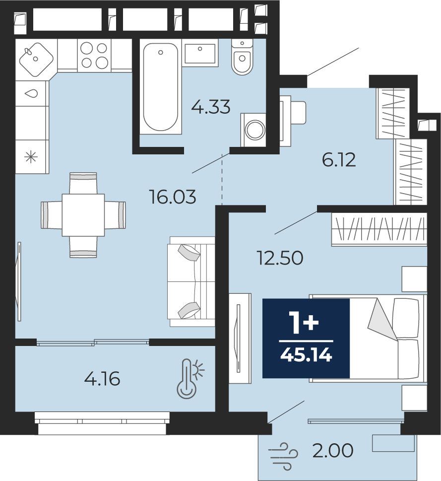 1-комнатная 43 м2 в ЖК Беринг корпус null этаж 9