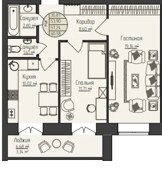 2-комнатная 60 м2 в ЖК Звездный корпус null этаж 8