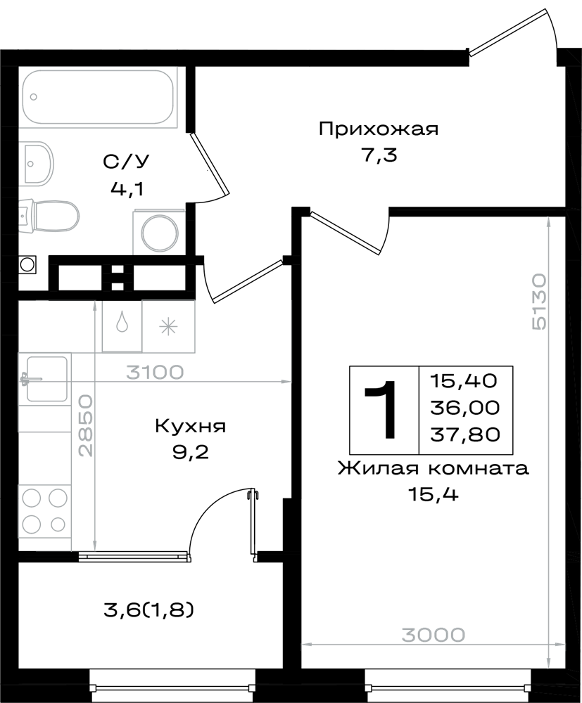 1-комнатная 37 м2 в ЖК Придонье корпус null этаж 6
