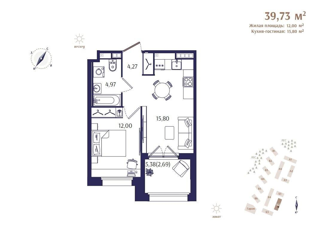 1-комнатная 39 м2 в ЖК Ranta Residence корпус null этаж 3