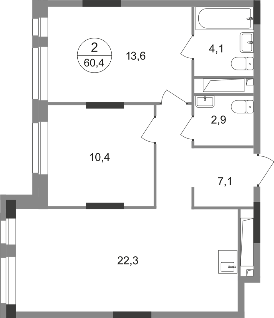2-комнатная 60 м2 в ЖК Первый Московский корпус null этаж 4