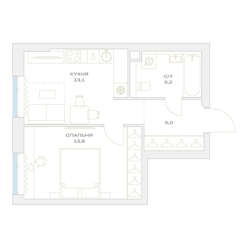 1-комнатная 37 м2 в ЖК Детали корпус null этаж 2