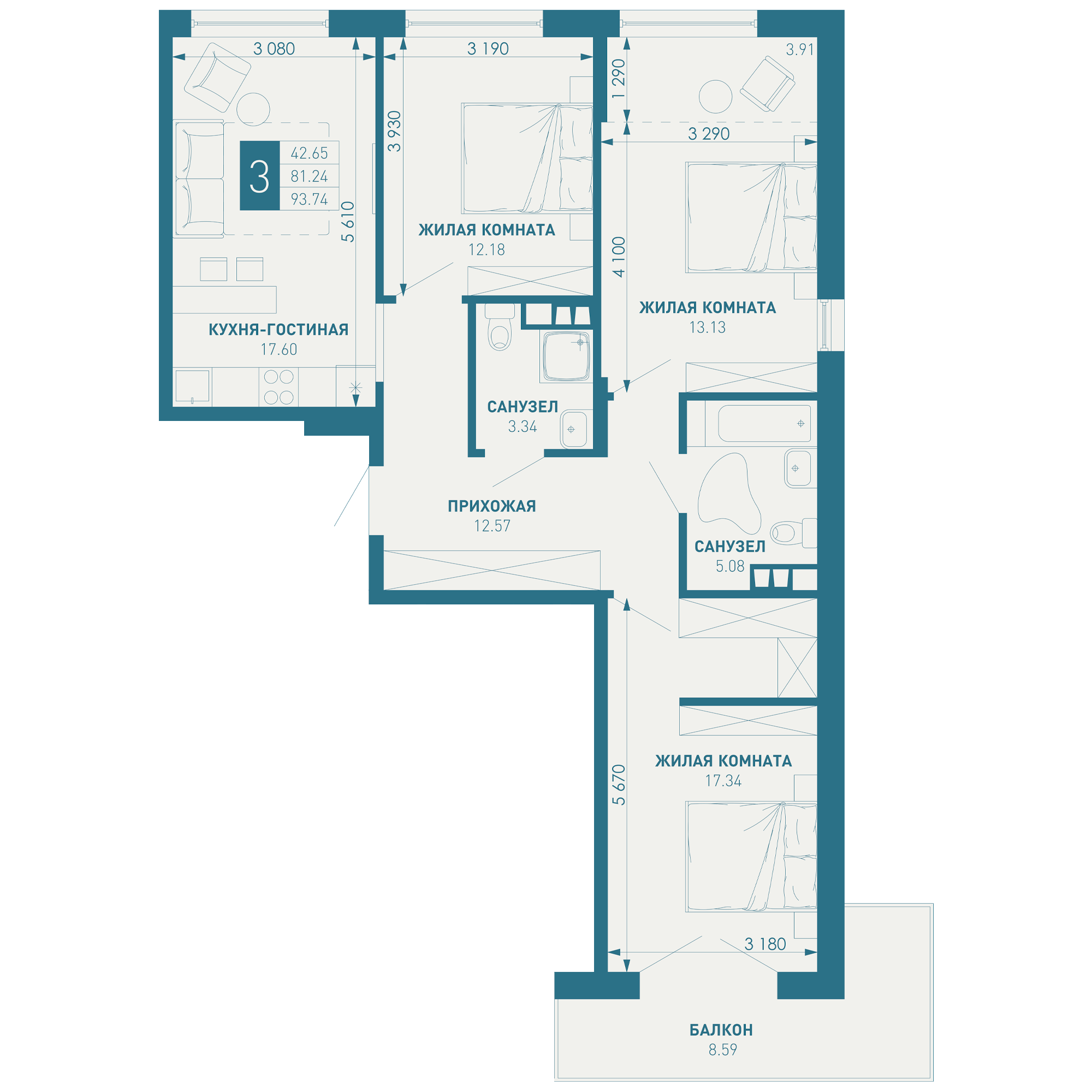 3-комнатная 95 м2 в ЖК ИНАЧЕ в Молодежном корпус null этаж 7