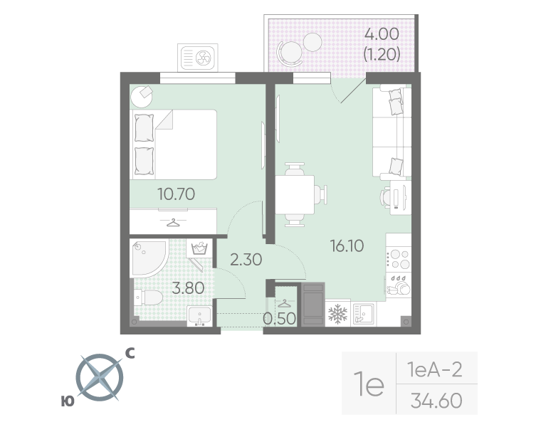 1-комнатная 34 м2 в ЖК Зеркальный ручей корпус null этаж 13