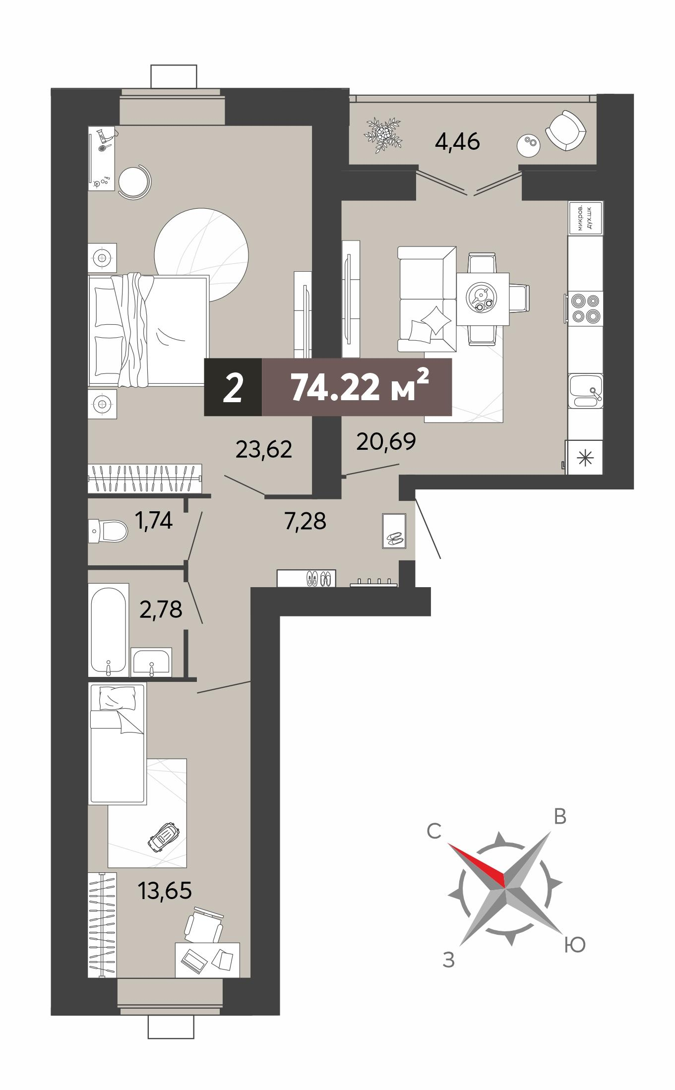2-комнатная 74 м2 в ЖК 8 марта корпус null этаж 6