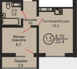 1-комнатная 32.4 м2 в ЖК undefined корпус null этаж 6