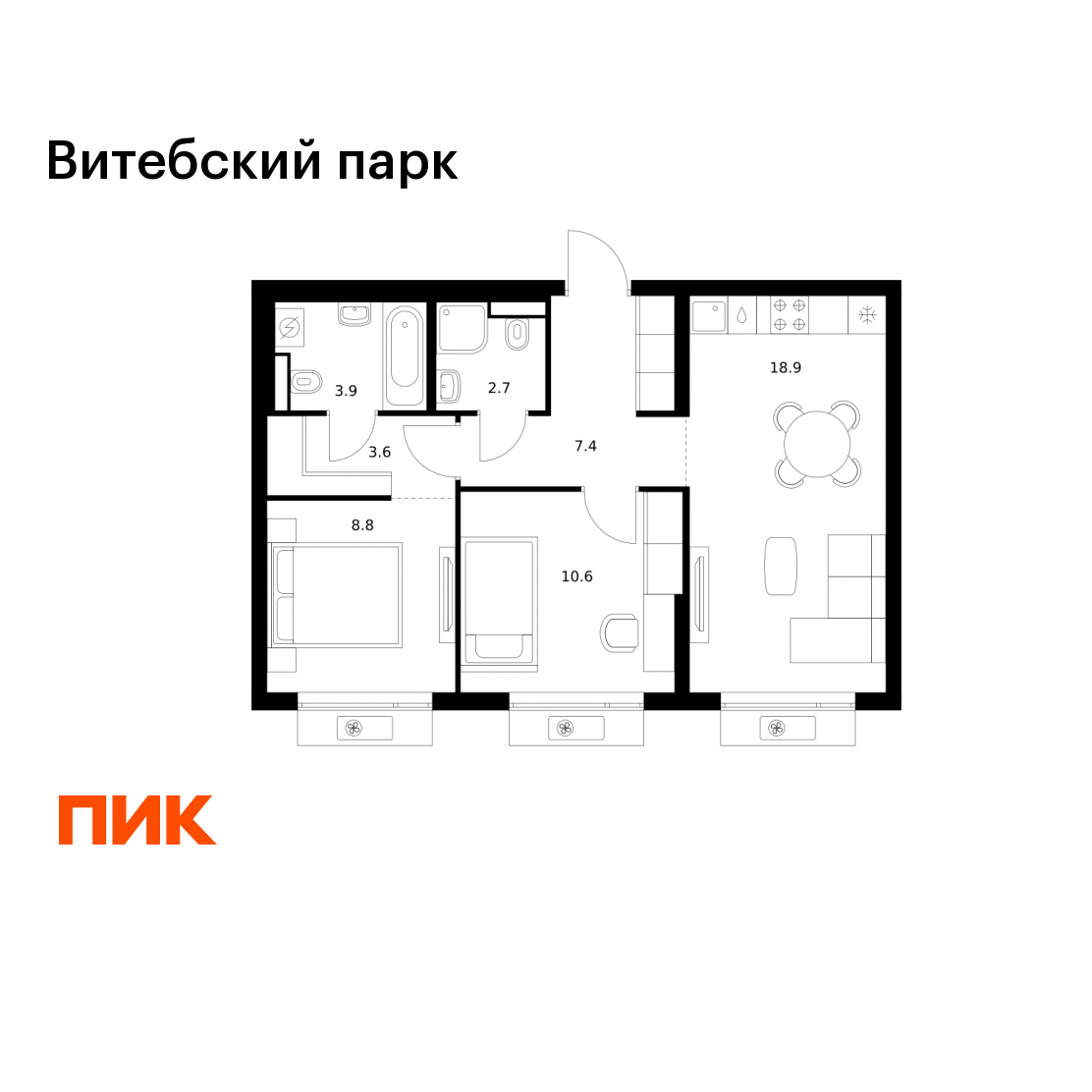 2-комнатная 55 м2 в ЖК Витебский парк корпус null этаж 7