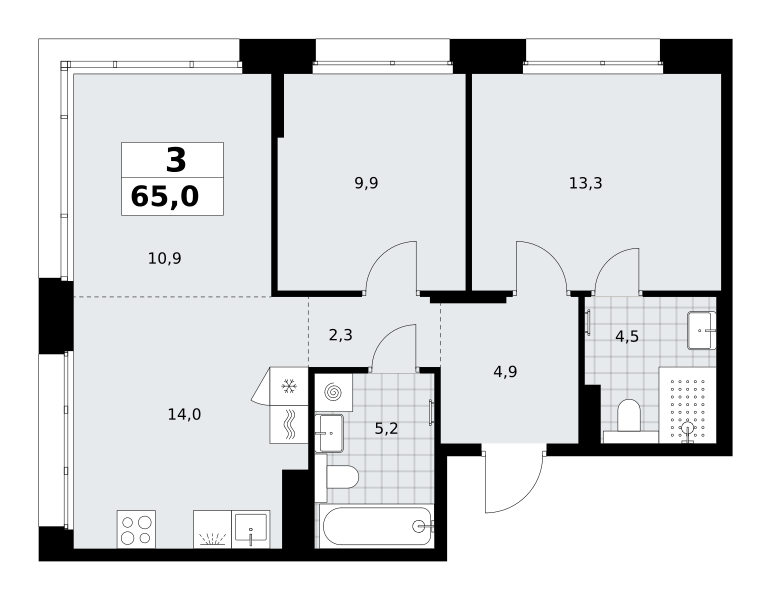 3-комнатная 65 м2 в ЖК Хольм корпус null этаж 15