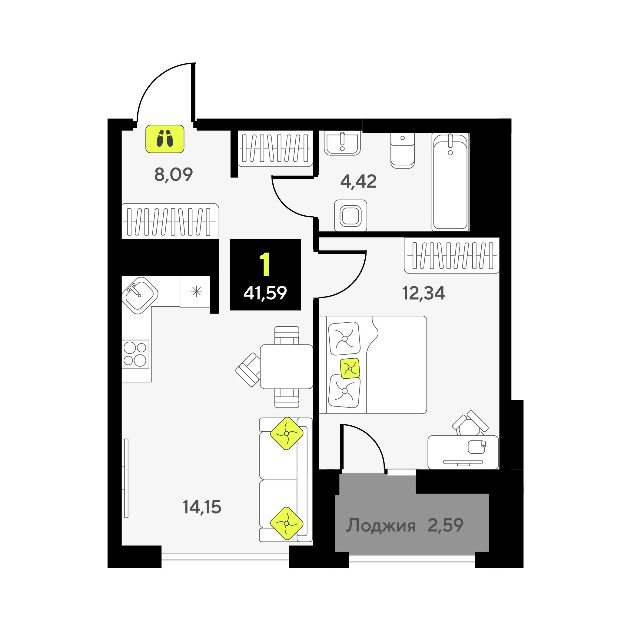 1-комнатная 41 м2 в ЖК Мотивы корпус null этаж 6