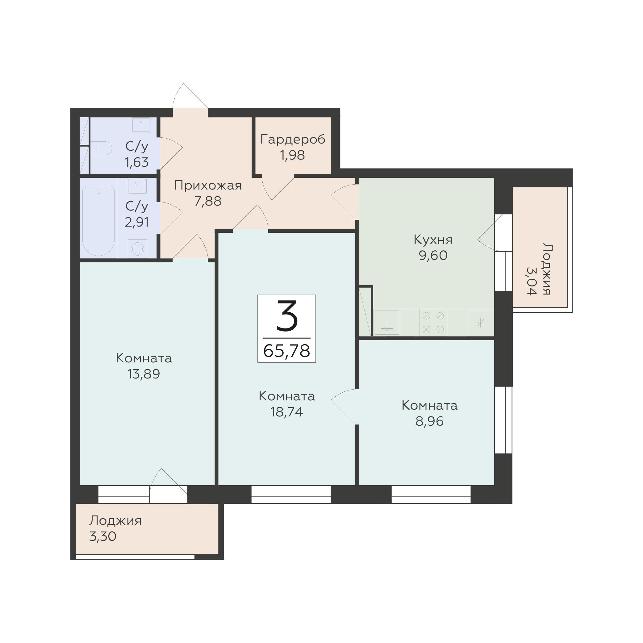 3-комнатная 65 м2 в ЖК Авиапарк корпус null этаж 14