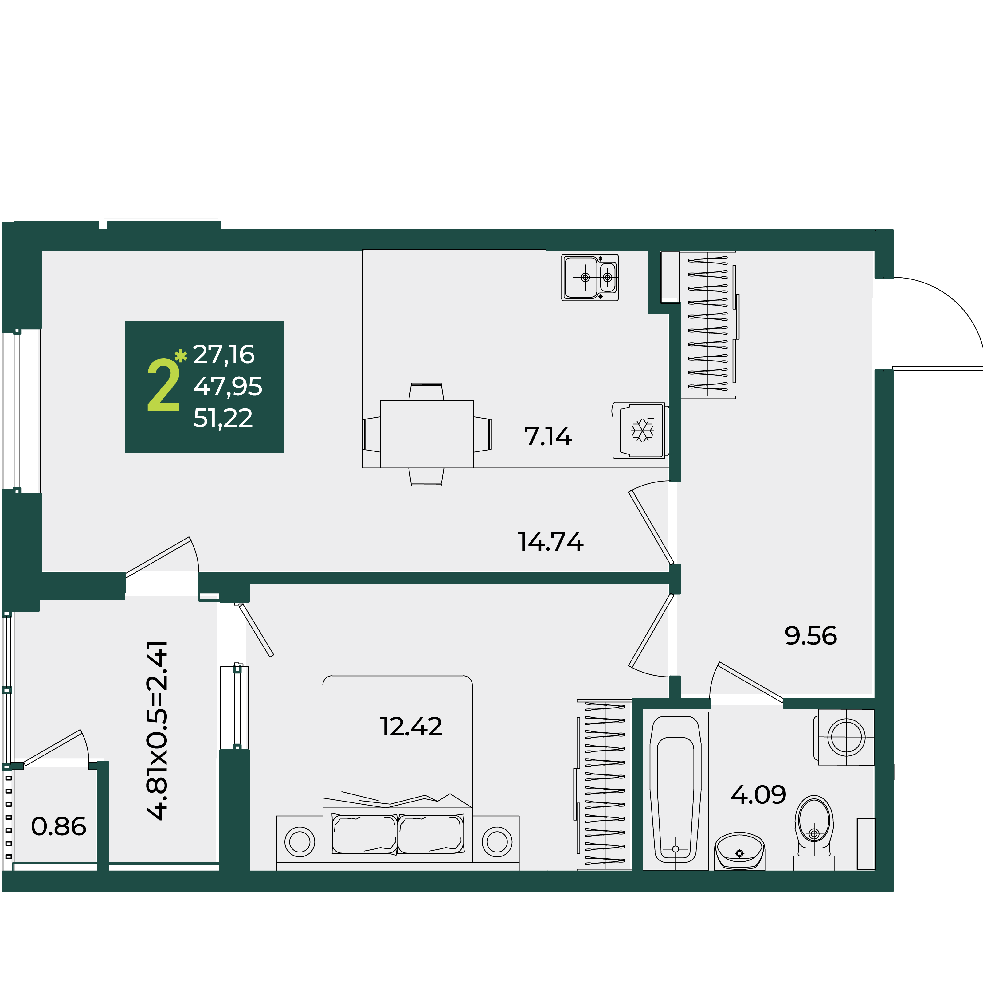 2-комнатная 51 м2 в ЖК Образцово корпус null этаж 2