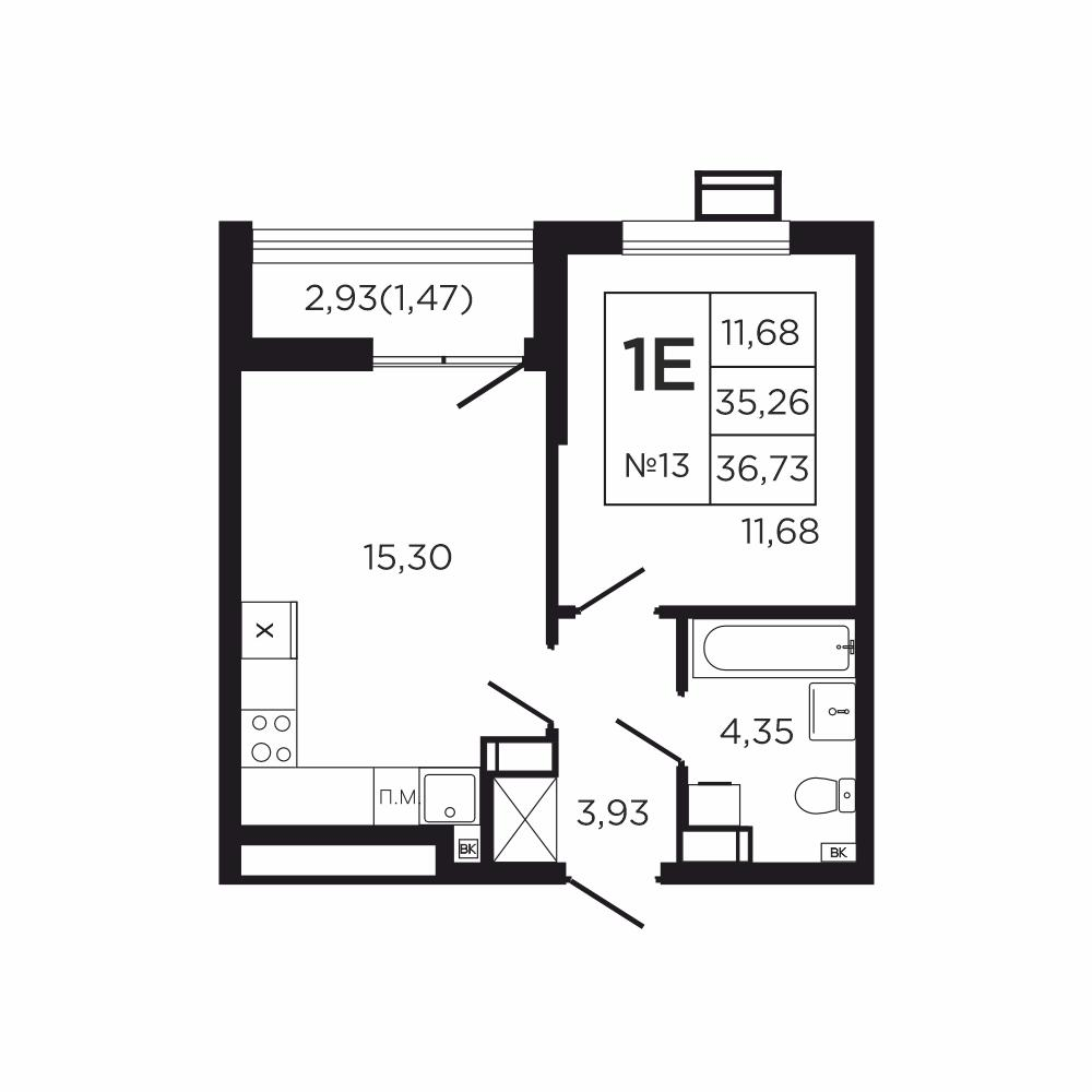 1-комнатная 38 м2 в ЖК Соседи корпус null этаж 2