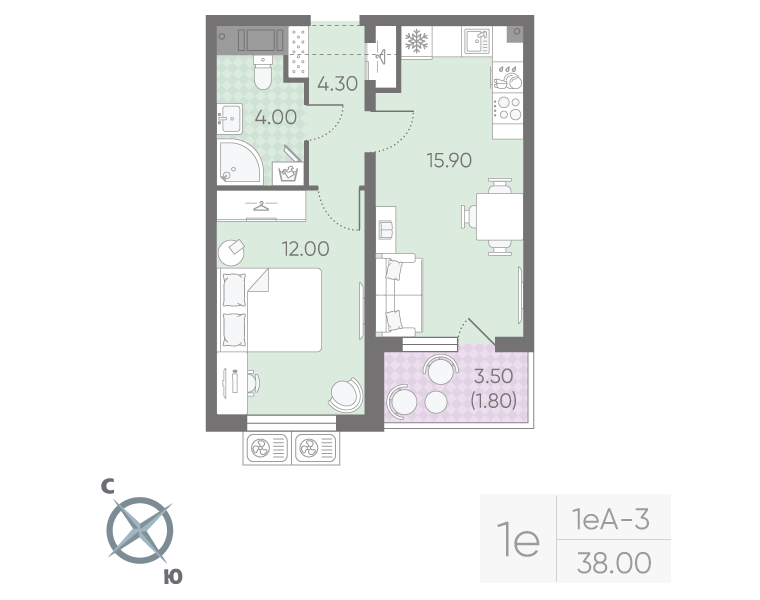 1-комнатная 38 м2 в ЖК Ручьи (2 оч.) корпус null этаж 19