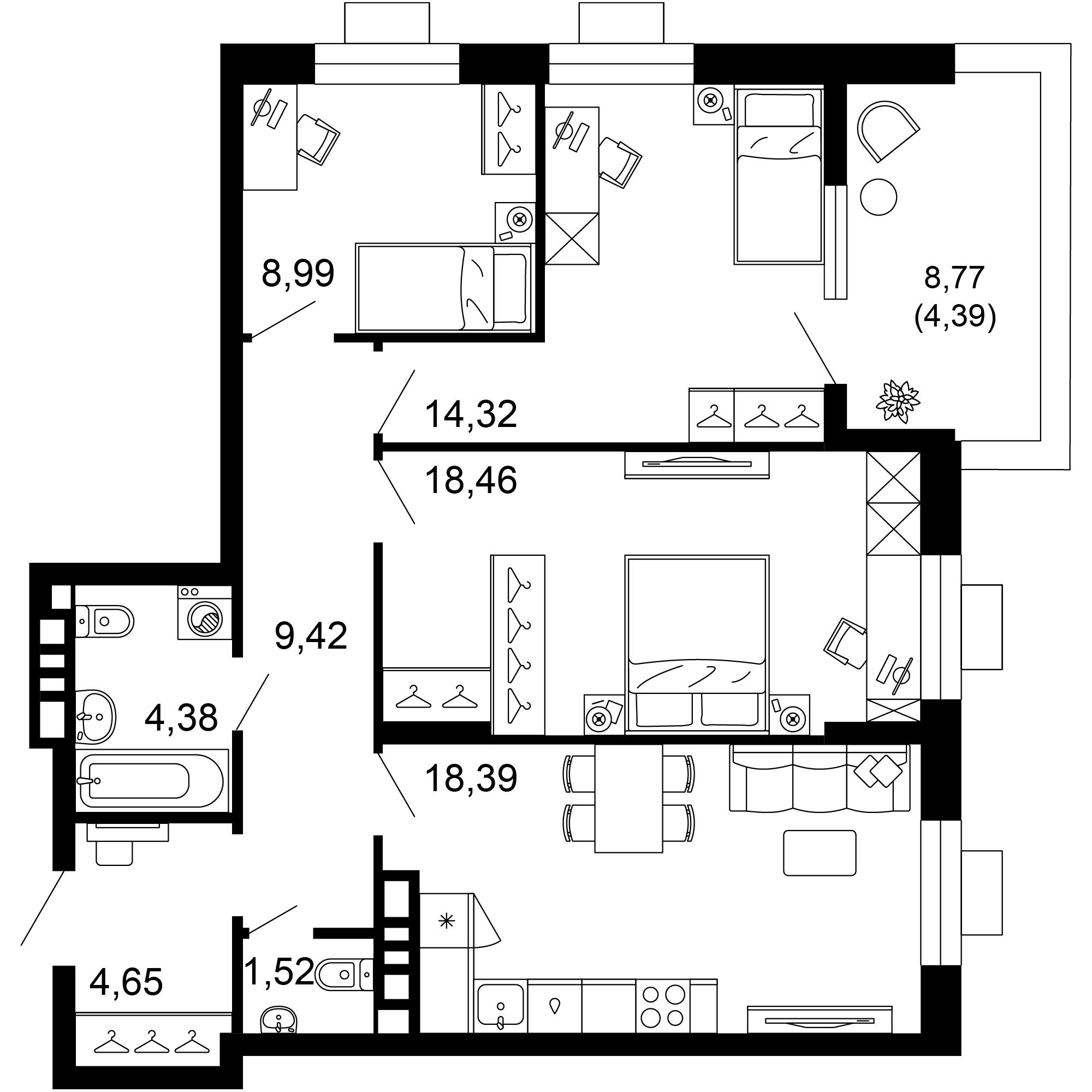 3-комнатная 84 м2 в ЖК 1799 корпус null этаж 7