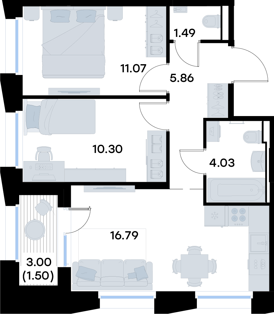 2-комнатная 51 м2 в ЖК  GloraX Урицкого корпус null этаж 8