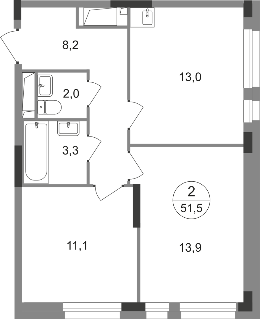 2-комнатная 51 м2 в ЖК Первый Московский корпус null этаж 13