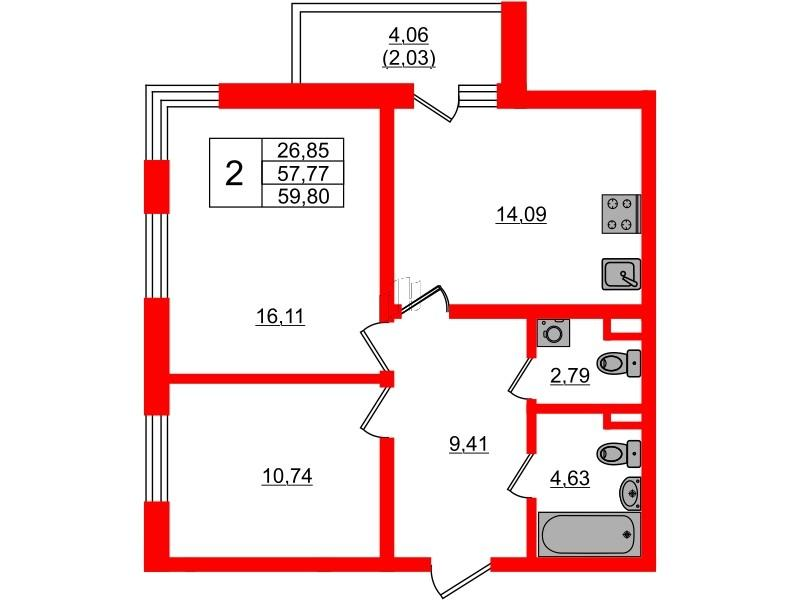 2-комнатная 57 м2 в ЖК Золотые купола. Новая История корпус null этаж 1