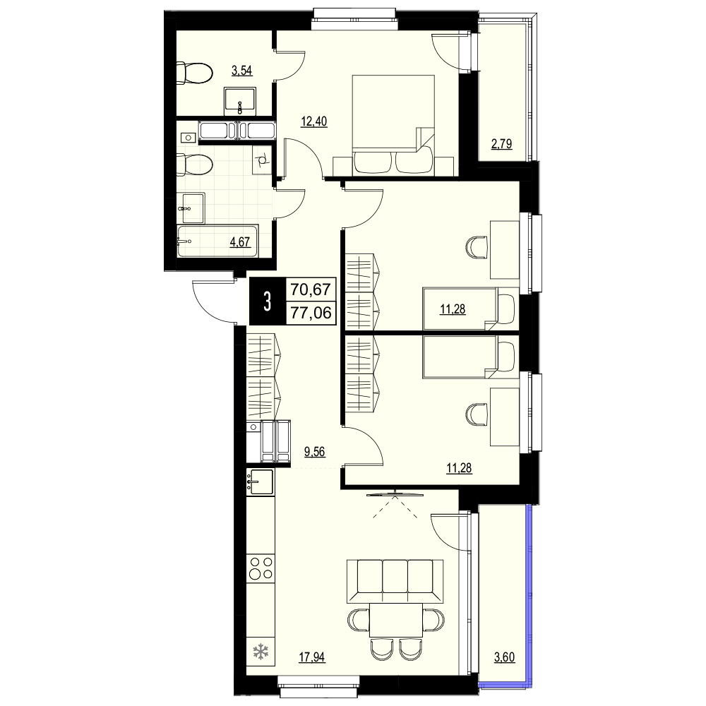 3-комнатная 73 м2 в ЖК Макрорайон Амград корпус null этаж 9