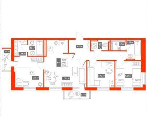 4-комнатная 75 м2 в ЖК undefined корпус null этаж 5