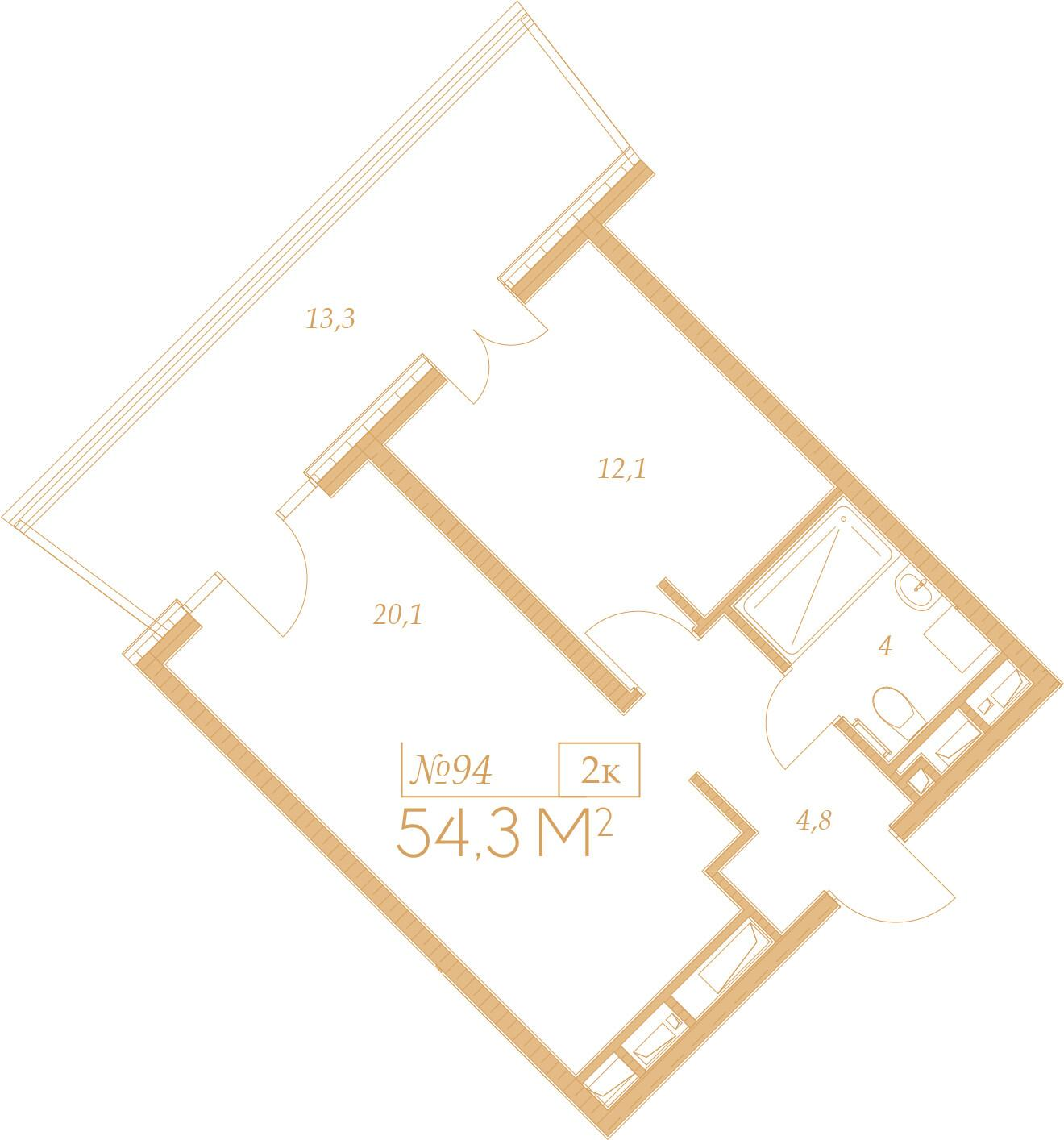 2-комнатная 54 м2 в ЖК Морелло корпус null этаж 7